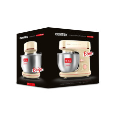 Планетарный миксер, Centek, CT-1139, Мощность 1300Вт, Чаша 5.1л, 3 насадки, 6 скоростей, Бежевый/хром