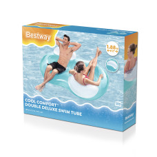 Пляжный двухместный круг для отдыха на воде Double Deluxe 188 х 117 см, BESTWAY, 43009, Винил, Трёхкамерный, С ручками и удобными подушками, Максимальная нагрузка 180 кг., Голубой, Цветная коробка