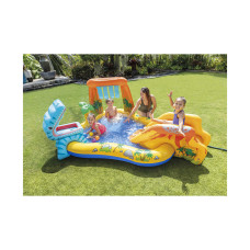 Детский надувной игровой бассейн Dinosaur 249 x 191 см, INTEX, 57444NP, Винил, 310 л., 2+, Встроенный разбрызгиватель, Надувная горка, Надувная голова динозавра, 6 шариков, Сливной клапан, Жёлтый, Цветная коробка
