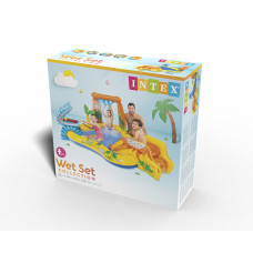Детский надувной игровой бассейн Dinosaur 249 x 191 см, INTEX, 57444NP, Винил, 310 л., 2+, Встроенный разбрызгиватель, Надувная горка, Надувная голова динозавра, 6 шариков, Сливной клапан, Жёлтый, Цветная коробка