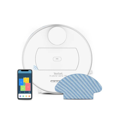 Робот-пылесос, Tefal, RG7687WH, Мощность всасвания 2700 ПА, Время работы до 2 часов 30 м, 3 режима работы, Контейнер для пыли 0,4 л, Выбор и ограничение зоны уборки, Wi-Fi, Набор для влажной уборки с 2-мя тряпками, Интеллектуальная навигация, Совместим с 