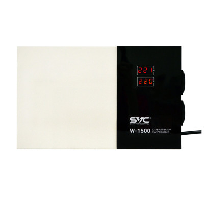 Стабилизатор (AVR), SVC, W-1500, Мощность 1500ВА/1500Вт, LED-дисплей, Диапазон работы AVR: 140-260В, Вых.: 220В+/-7%, 2 х Shcuko, Кабель питания: 1,35м, Габариты: 320*200*65, Черно-белый